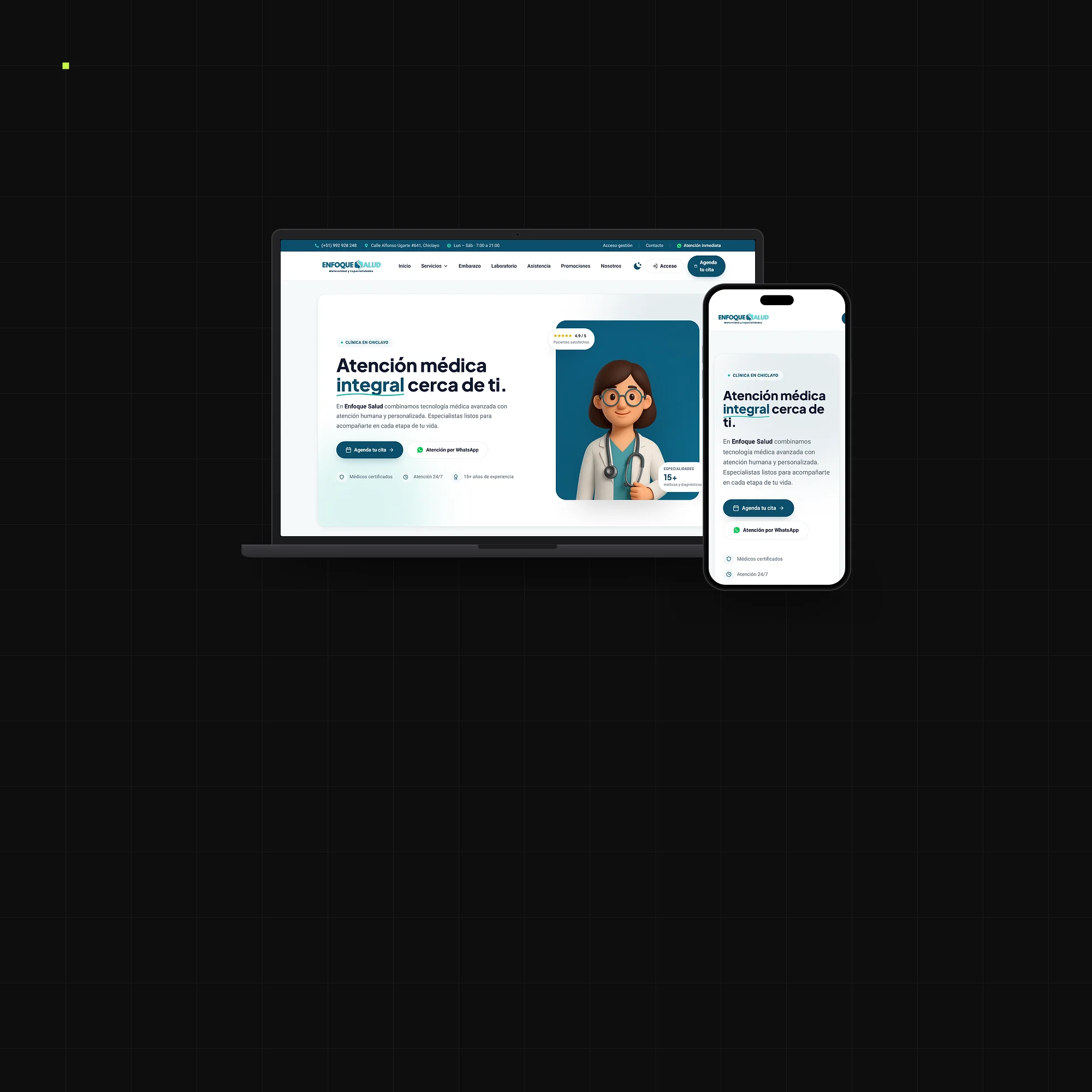 La página web de Clínica Enfoque Salud en una laptop y en un celular, con la portada «Atención médica integral cerca de ti»