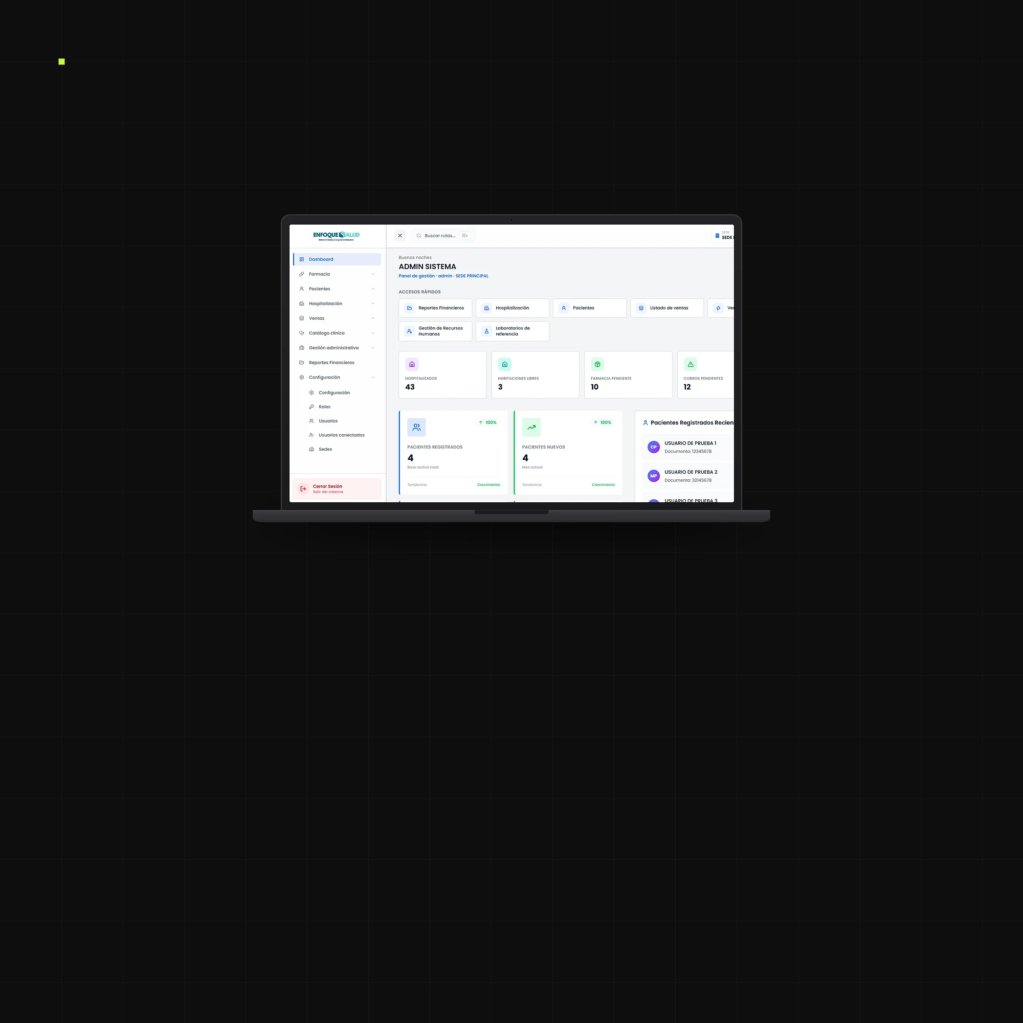 El panel del sistema de gestión de Clínica Enfoque Salud en una laptop