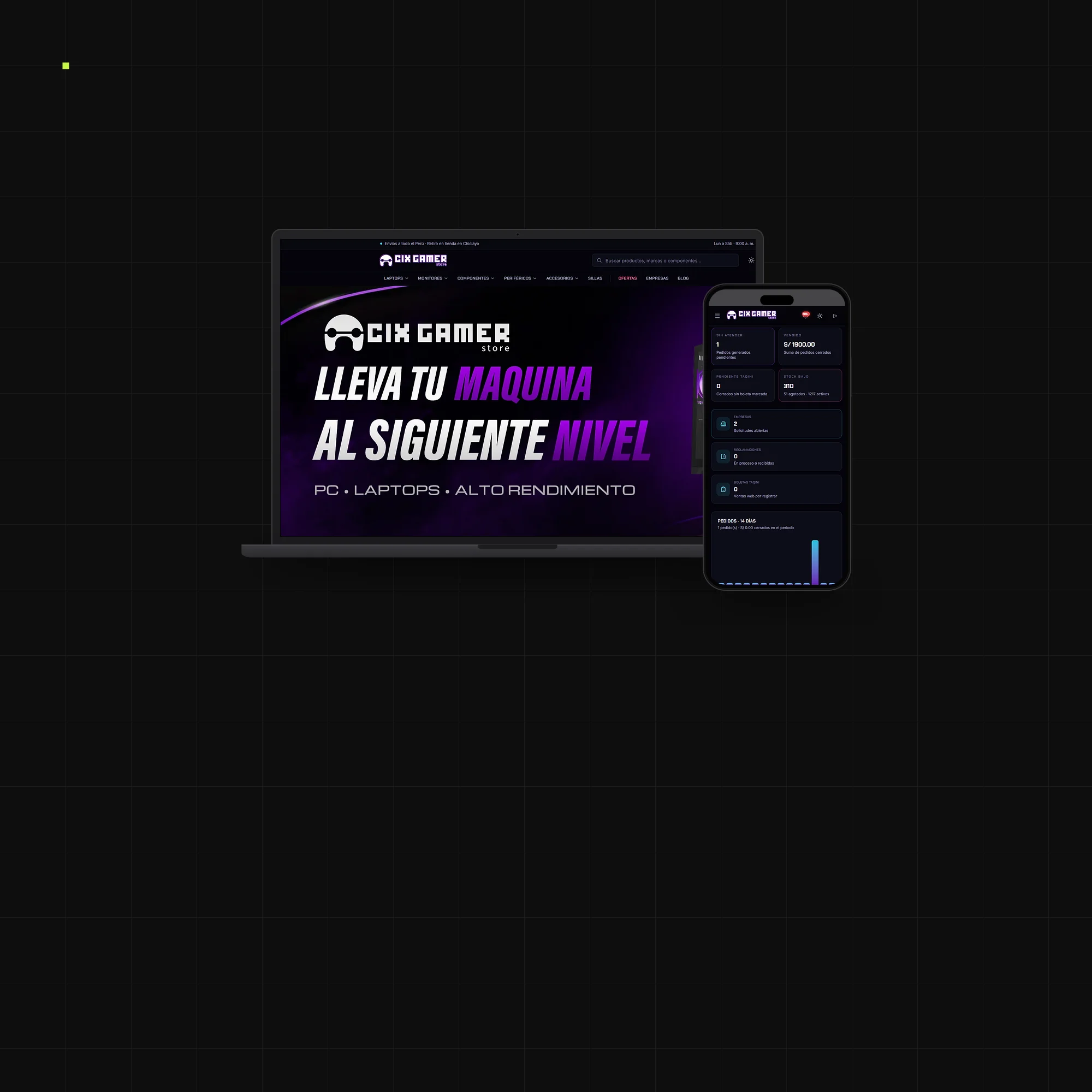 La tienda en línea de CIX Gamer Store en una laptop y su panel de gestión en un celular