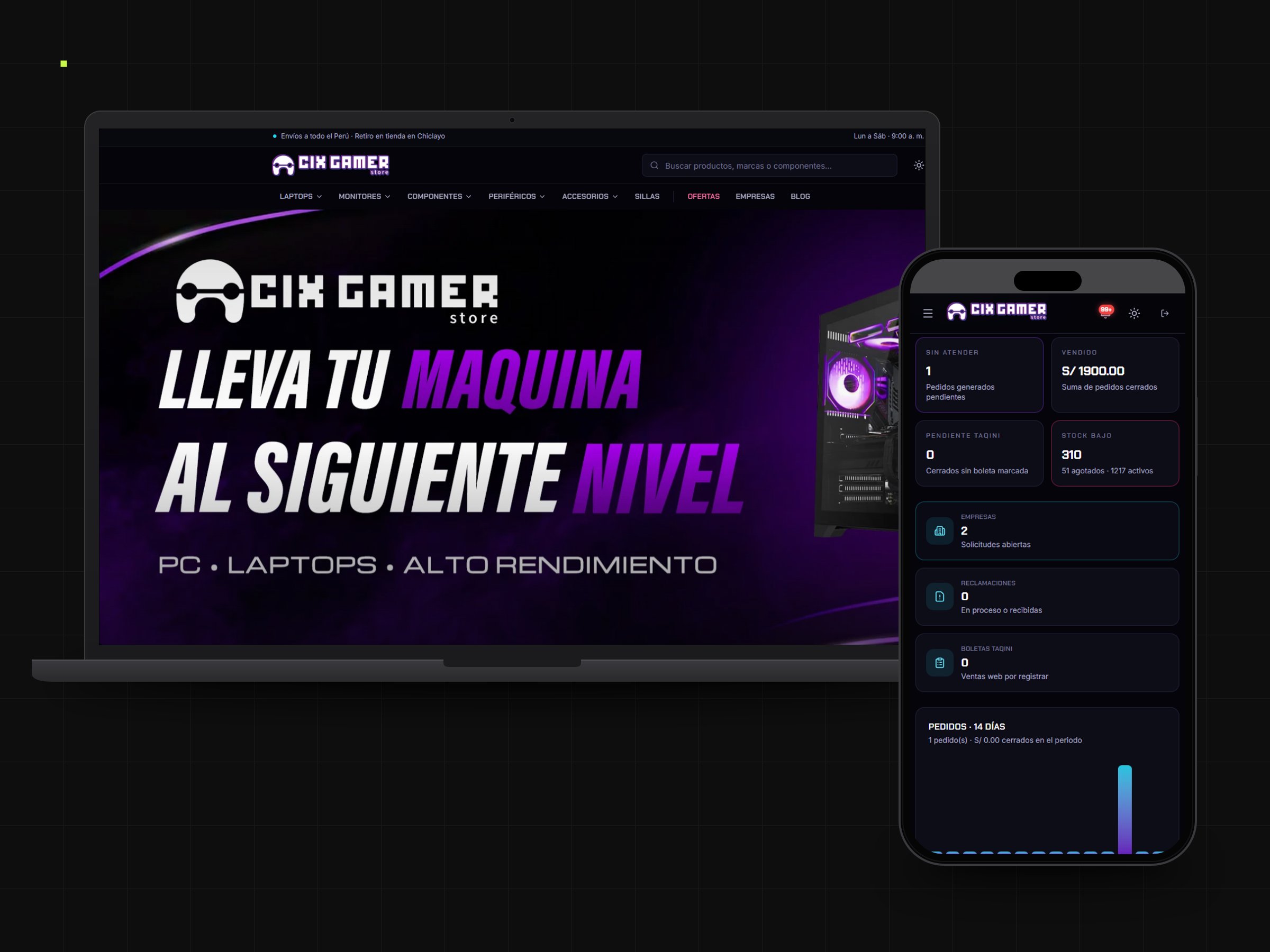 La tienda en línea de CIX Gamer Store en una laptop y su panel de gestión en un celular