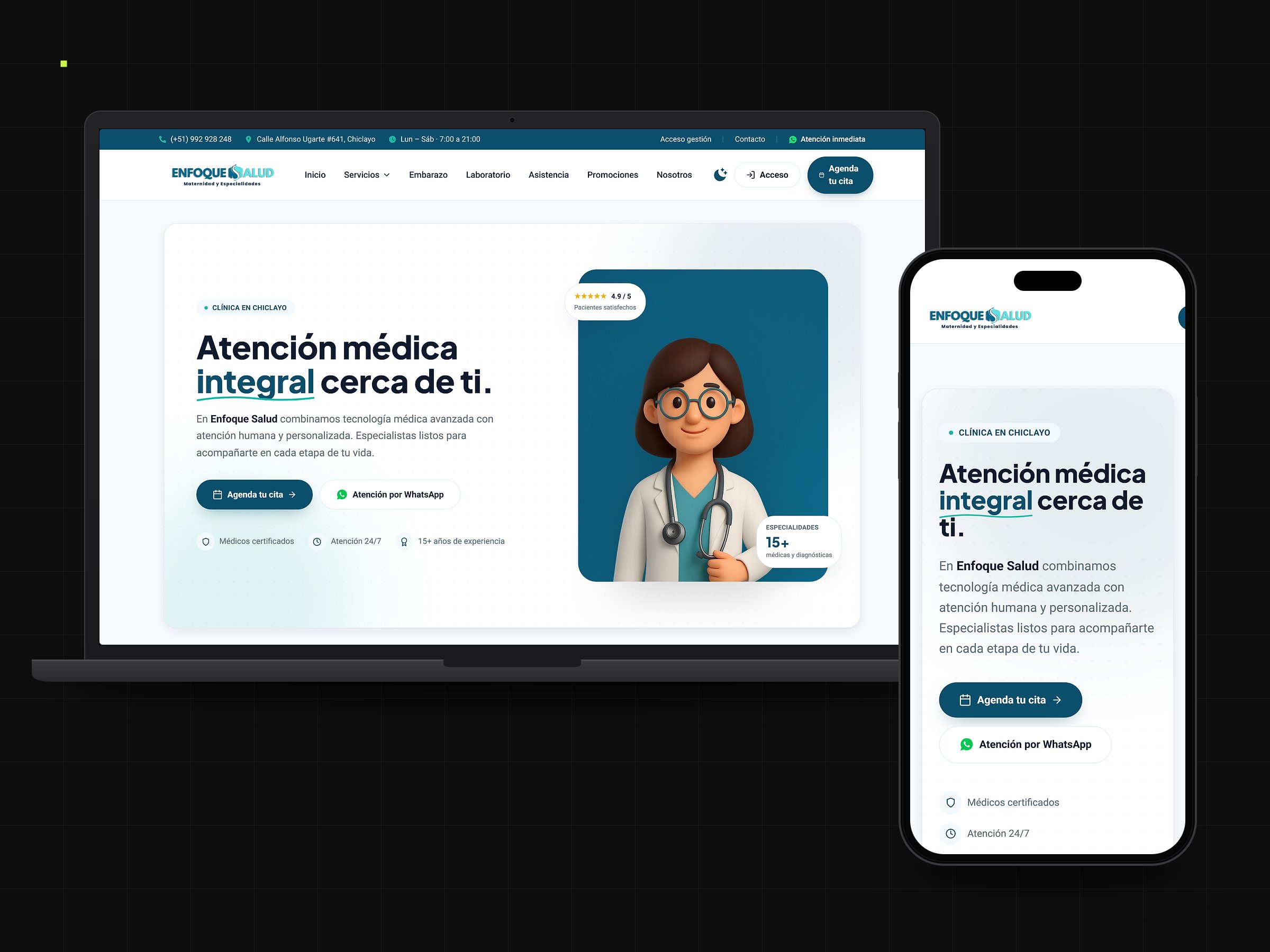 La página web de Clínica Enfoque Salud en una laptop y en un celular, con la portada «Atención médica integral cerca de ti»