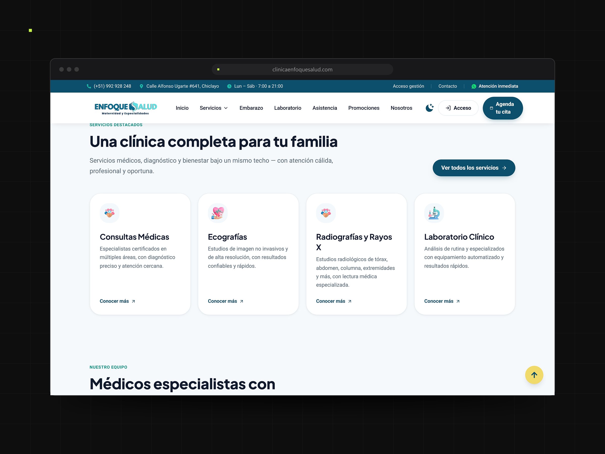 La sección de servicios de la web: consultas médicas, ecografías, radiografías y laboratorio clínico