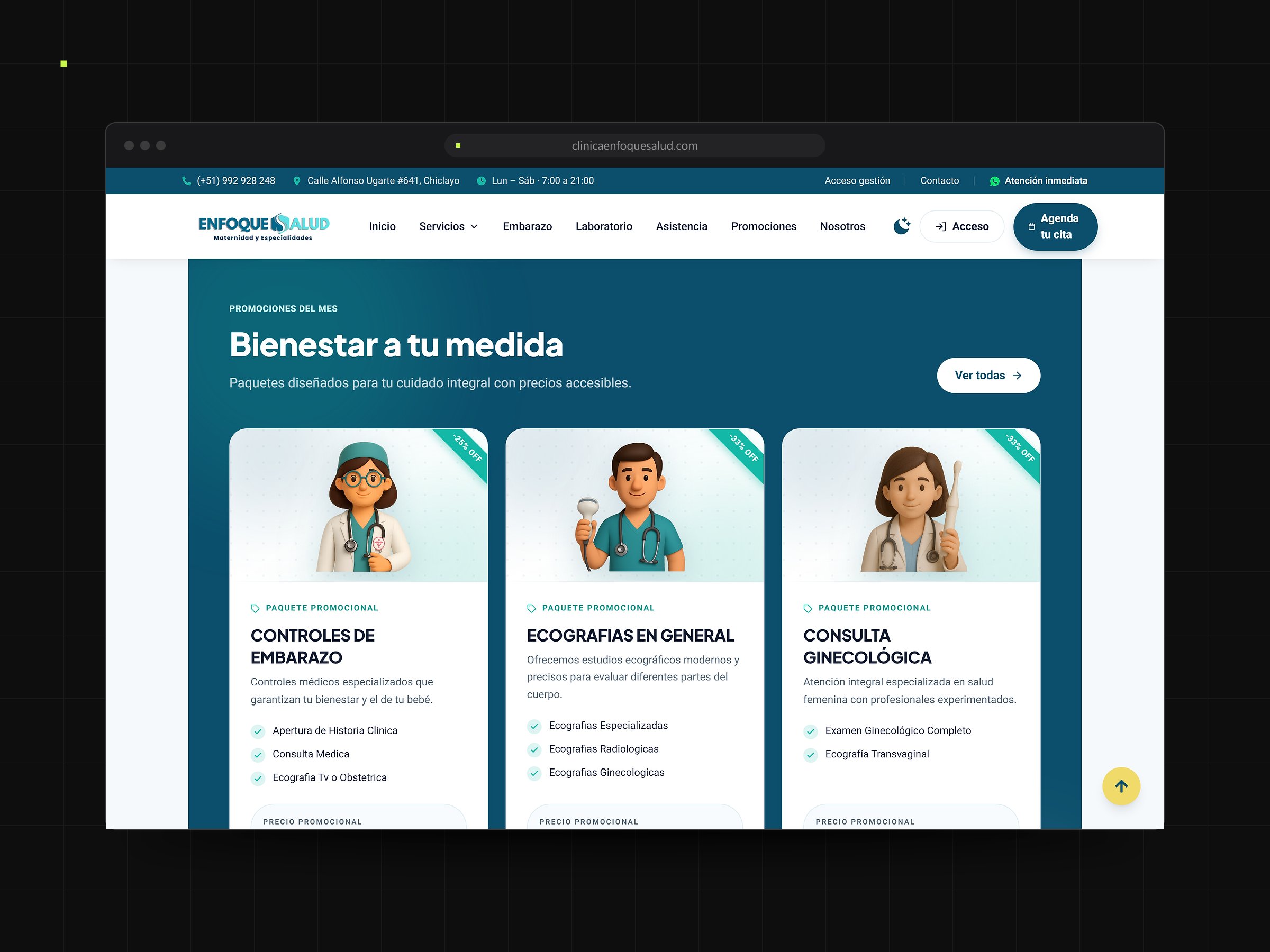 Los paquetes promocionales de la web con su precio: controles de embarazo, ecografías y consulta ginecológica