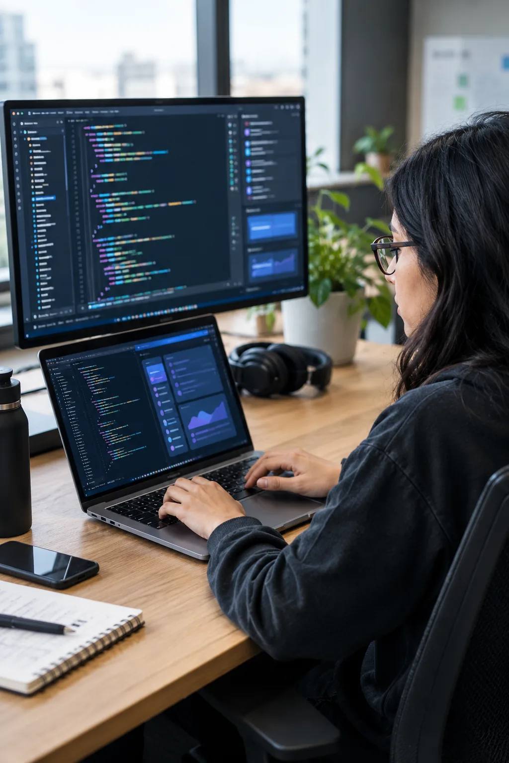 Una programadora escribe código en una laptop, con un monitor lleno de código al lado