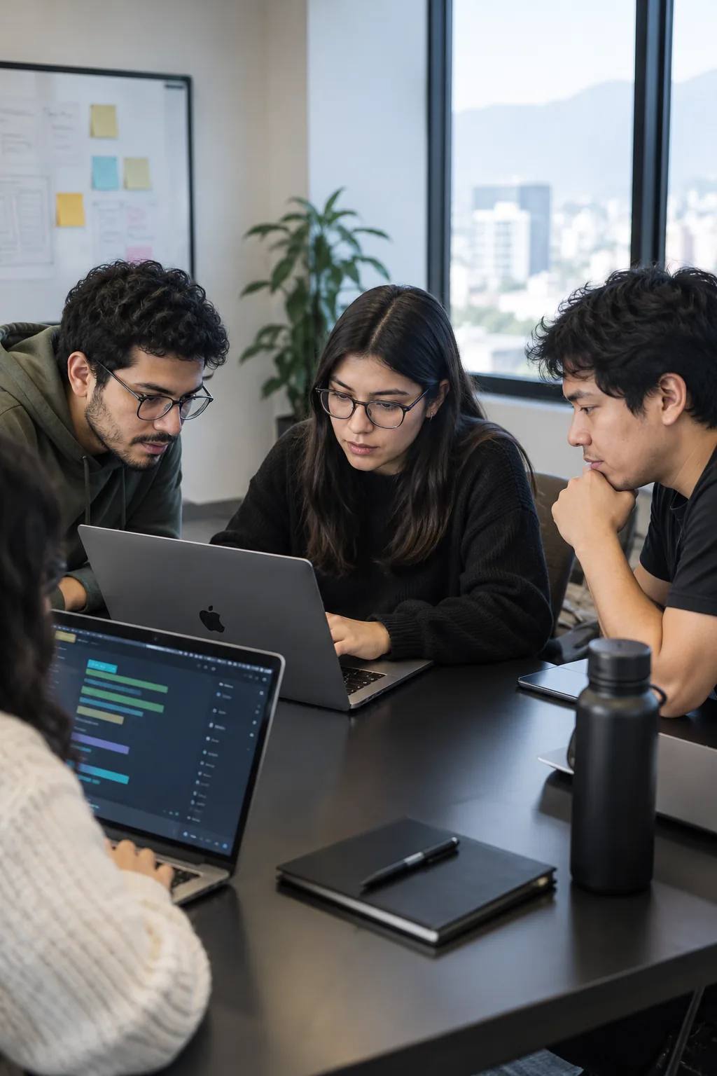 Tres personas revisan juntas un trabajo en una laptop, sentadas a una mesa de oficina